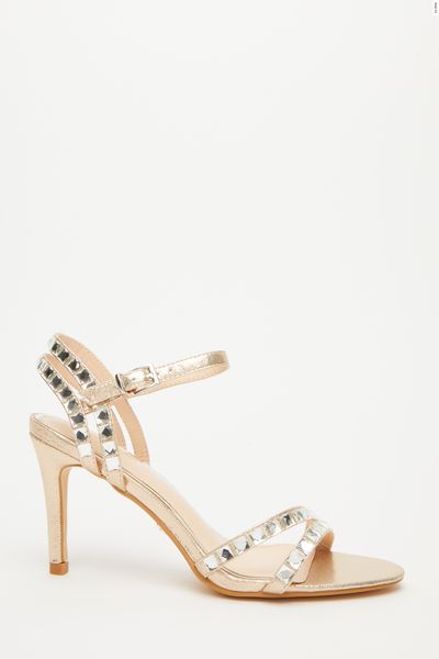 Wide Fit Gold Diamante Strappy Heeled Sandals